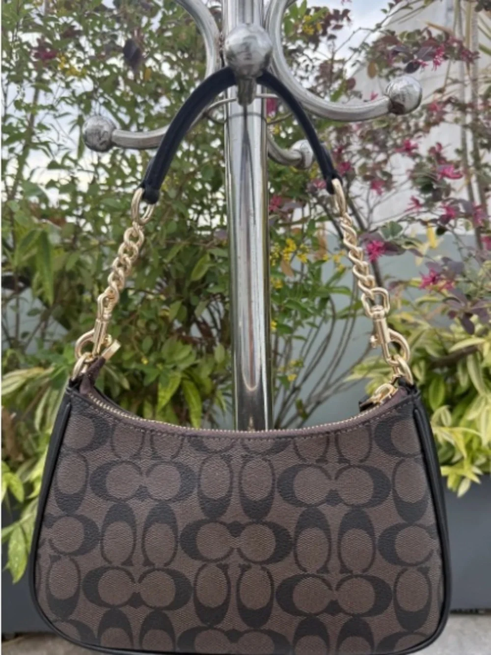 Coach Brown Signature Canvas Shoulder Bag with Gold Chain Accent